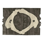 Top view of the Bone Ring Ritual Hand Tufted Rug, a unique area rug perfect for modern living rooms. This contemporary wool rug features an abstract design with a bone-like pattern, adding a touch of elegance to any space.