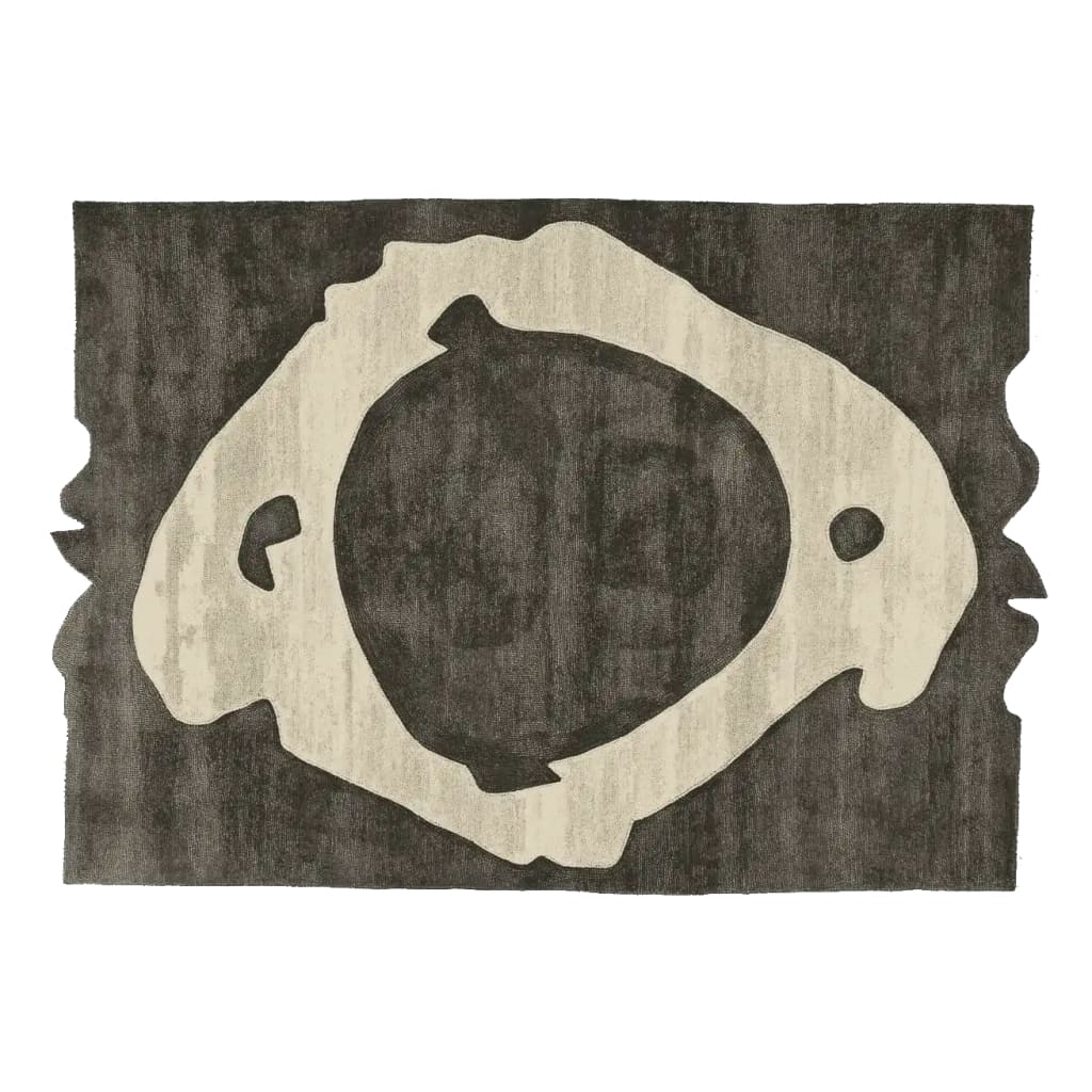 Top view of the Bone Ring Ritual Hand Tufted Rug, a unique area rug perfect for modern living rooms. This contemporary wool rug features an abstract design with a bone-like pattern, adding a touch of elegance to any space.