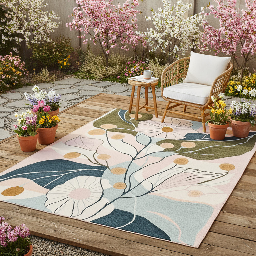 Decorative outdoor rug with floral design on a wooden deck, surrounded by potted plants and a chair.