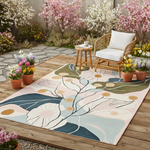 Decorative outdoor rug with floral design on a wooden deck, surrounded by potted plants and a chair.