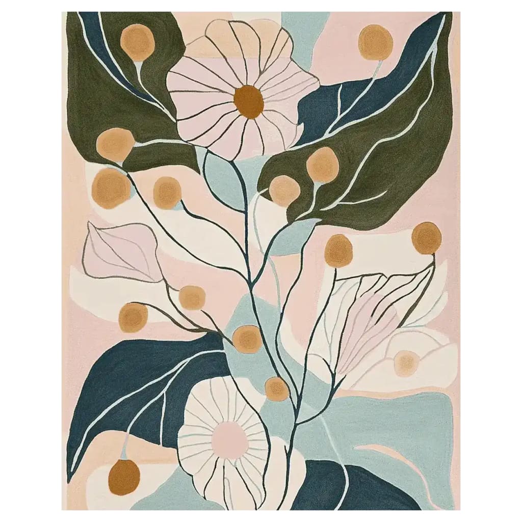 The Botanic Bloom Flow Hand Tufted Rug is a stunning area rug featuring a contemporary floral design. Perfect for living rooms, this wool rug measures 8x10 and showcases a vibrant mix of colors with intricate detailing, bringing elegance and style to your home decor.