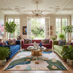 Living room with colorful furniture and a floral rug