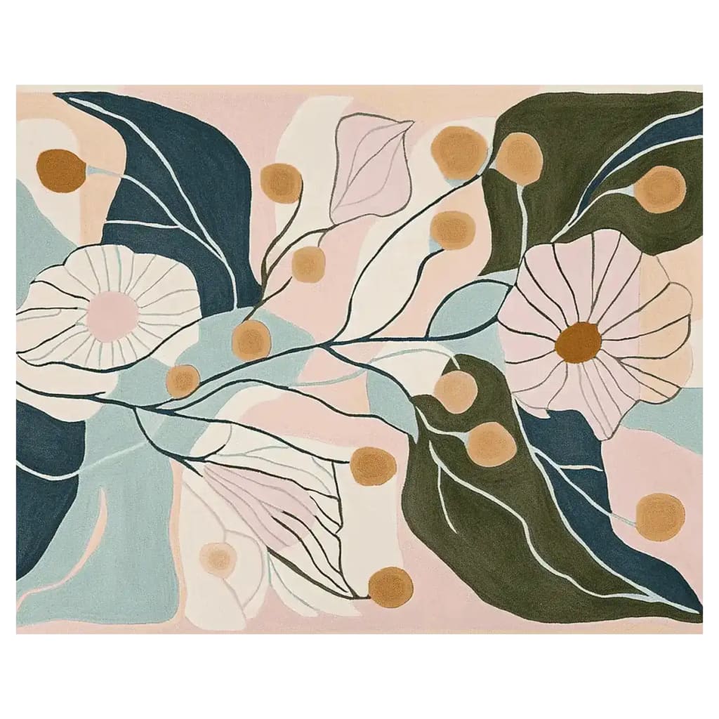 A vibrant Botanic Bloom Flow Hand Tufted Area Rug featuring an abstract floral design with large leaves and flowers in pastel hues. Perfect for adding a touch of nature to contemporary living rooms. This wool rug, sized 8x10, is ideal for those seeking stylish rugs for living room spaces.