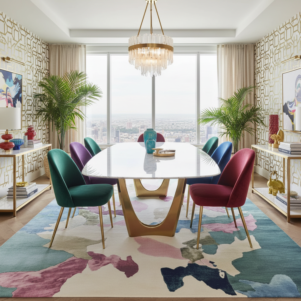 Modern dining room with colorful chairs, a contemporary hand-tufted wool rug, and a large window view