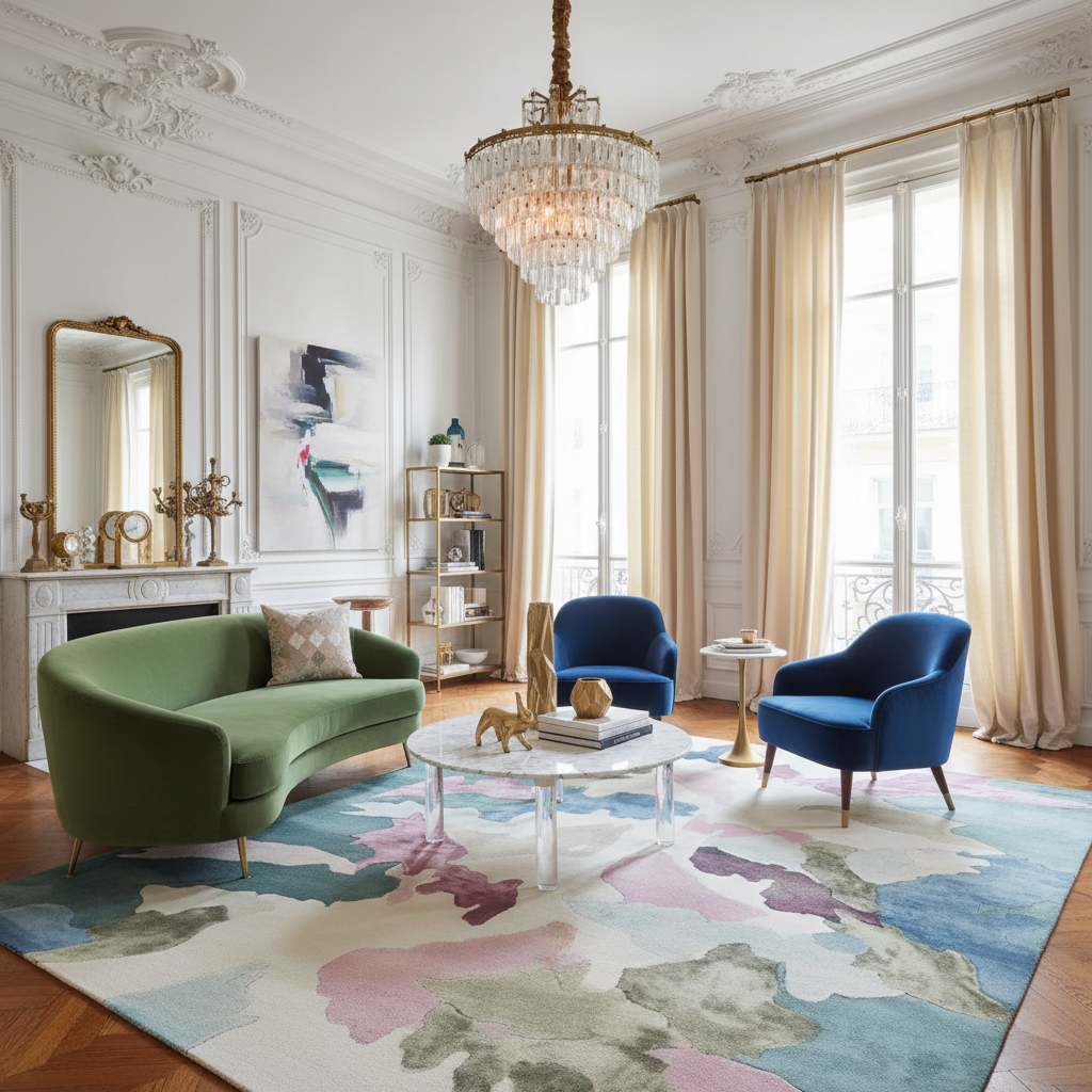 Luxurious living room with green sofa, blue chairs, and a floral rug.