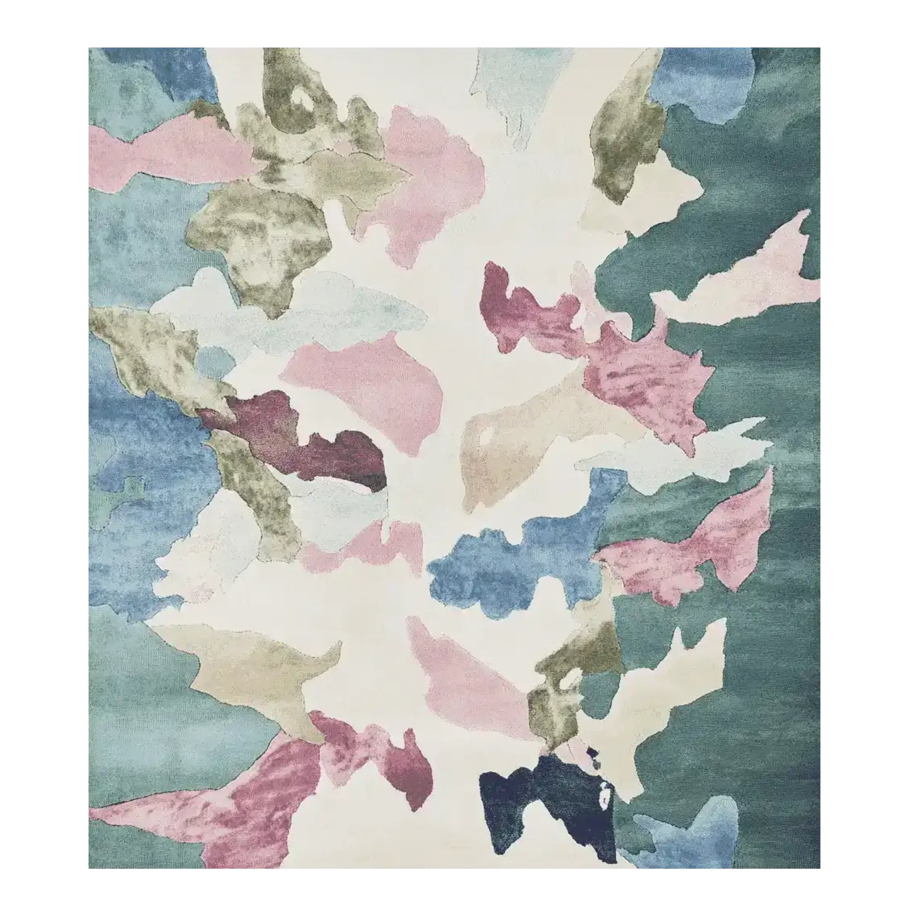 A vibrant Botanic Blur Harmony Hand Tufted Area Rug showcasing an abstract design in pastel tones of blue, pink, and green, perfect for adding a contemporary touch to your living room. This wool rug blends artistic flair with comfort, making it an ideal choice for modern interiors.