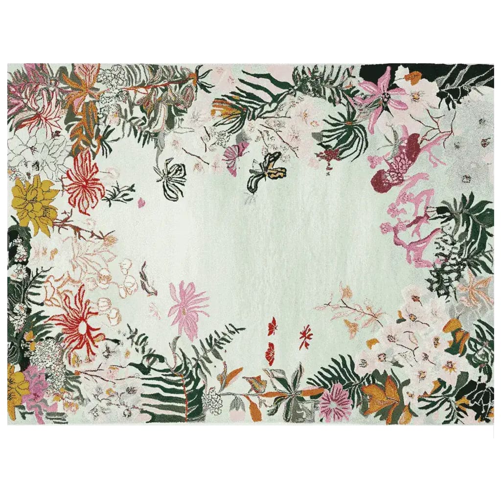 A vibrant Botanic Dream Reverie Hand Tufted Area Rug featuring a floral and botanical design. This wool rug is perfect for adding a touch of nature to large living rooms. The intricate details and colorful patterns make it an eye-catching centerpiece among living room area rugs.
