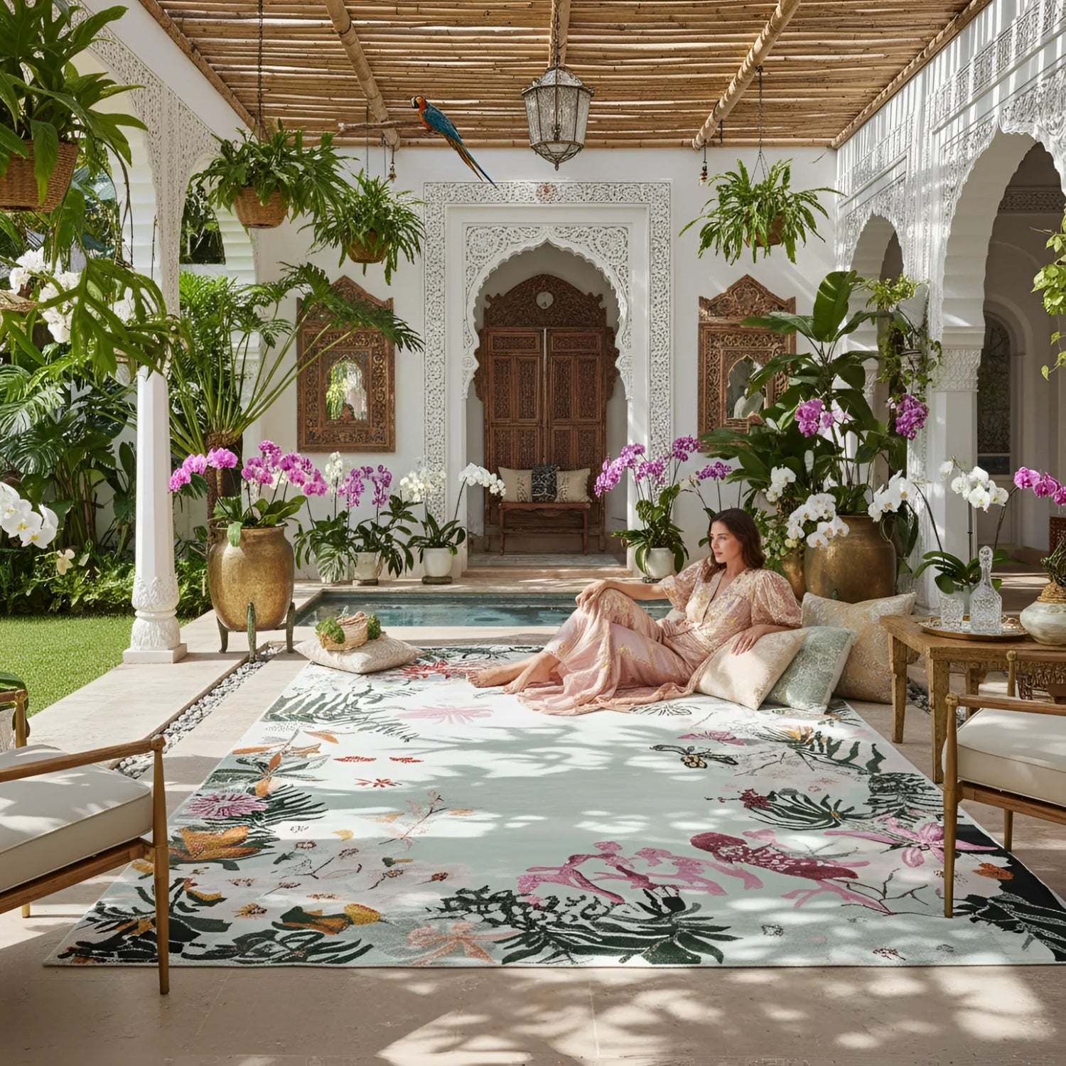 Woman lounging on a floral rug in a luxurious indoor garden setting with plants and flowers.