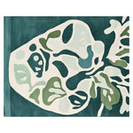 Top view of the Botanic Dream Vase Hand Tufted Rug, showcasing a contemporary abstract design in shades of green and teal. This area rug, ideal for large living rooms, is crafted from high-quality wool, making it a perfect choice for those seeking modern area rugs for living rooms.