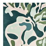 A beautifully designed area rug featuring an abstract botanic pattern in shades of green, blue, and cream. This contemporary wool rug is perfect for large living room spaces, adding a touch of elegance and modern style.