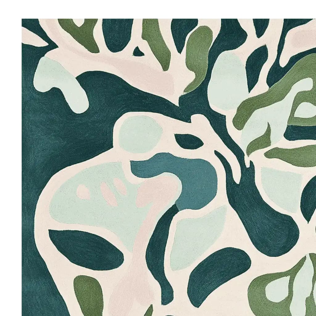 A beautifully designed area rug featuring an abstract botanic pattern in shades of green, blue, and cream. This contemporary wool rug is perfect for large living room spaces, adding a touch of elegance and modern style.
