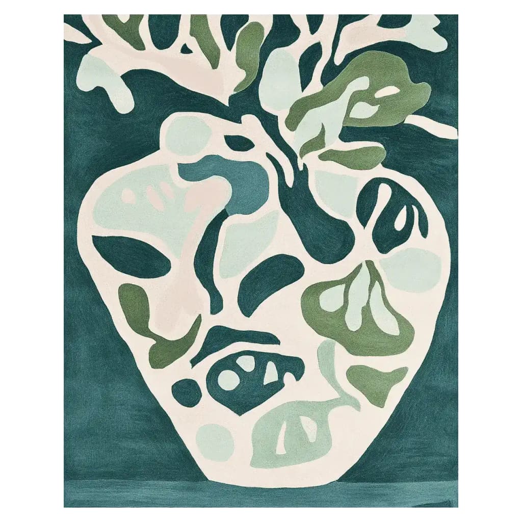 The Botanic Dream Vase Hand Tufted Rug is a stunning area rug perfect for large living rooms. Its contemporary design features abstract botanical patterns in soothing greens and whites, crafted from high-quality wool. This elegant wool rug adds a touch of modern sophistication to any living room space.