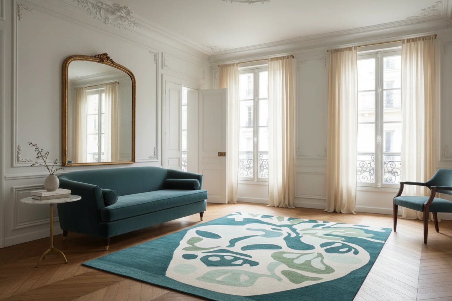 Living room with teal sofa, decorative rug, and large mirror.
