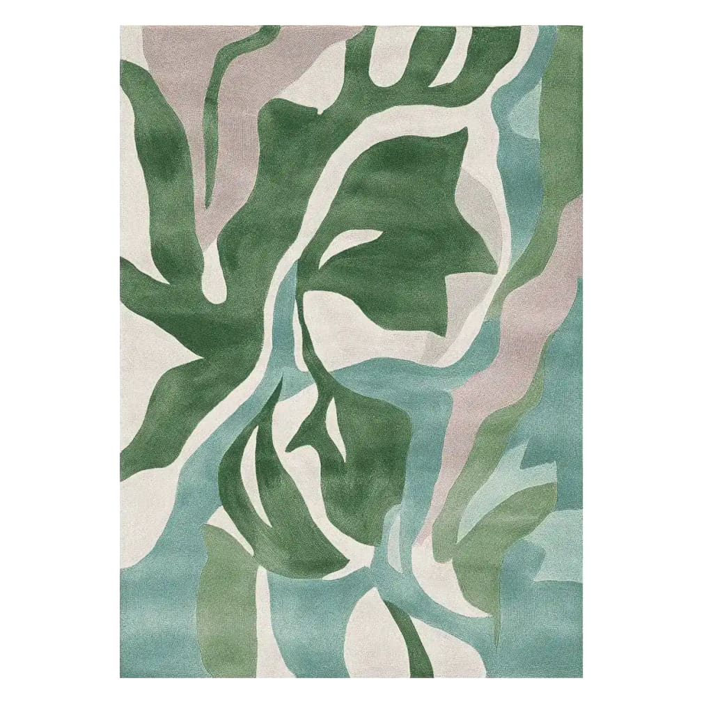A stunning Botanic Flow Forms Hand Tufted Area Rug, perfect for large living rooms. This contemporary 8x10 wool rug features an abstract design with lush green and soothing blue tones, creating a calming yet stylish atmosphere.