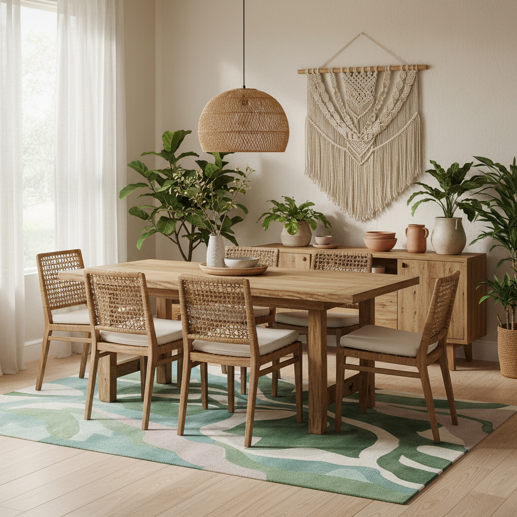 Dining room with a green tufted wool rug, wooden table, chairs, and decorative elements.