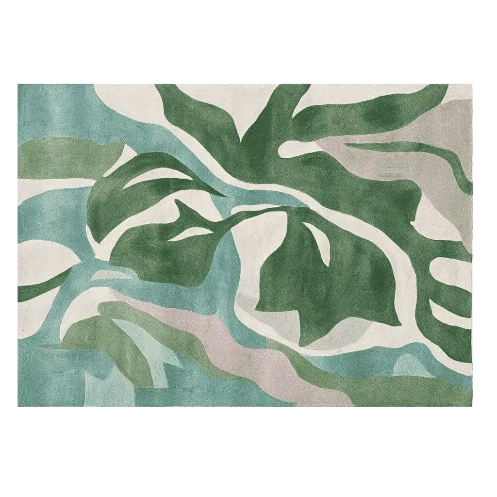 A hand-tufted area rug showcasing a contemporary design with flowing botanical patterns in shades of green, blue, and cream. Perfect for large living rooms, this 8x10 wool rug adds a modern touch and soft texture to any space.