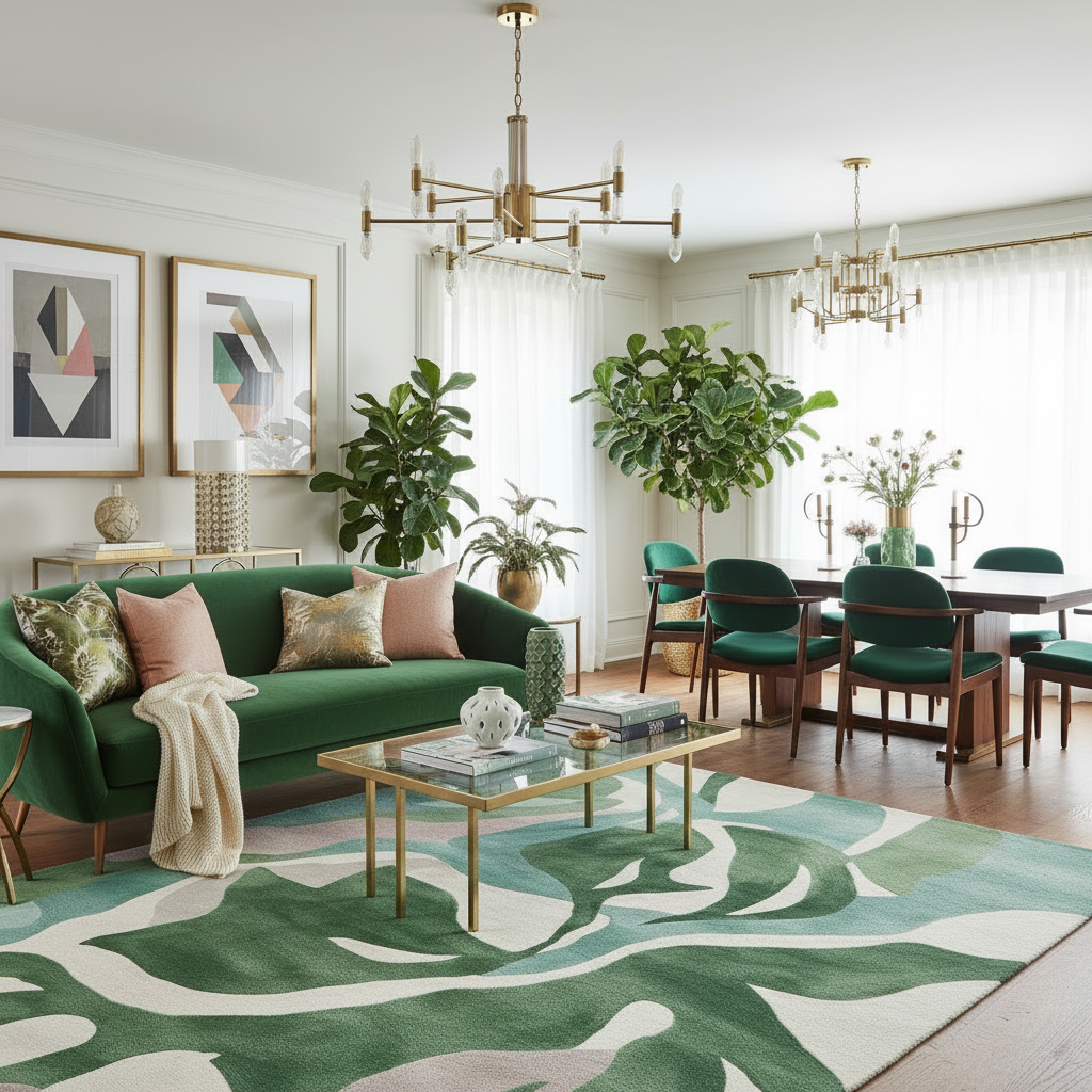 Modern living room with green sofa, patterned rug, and decorative plants.
