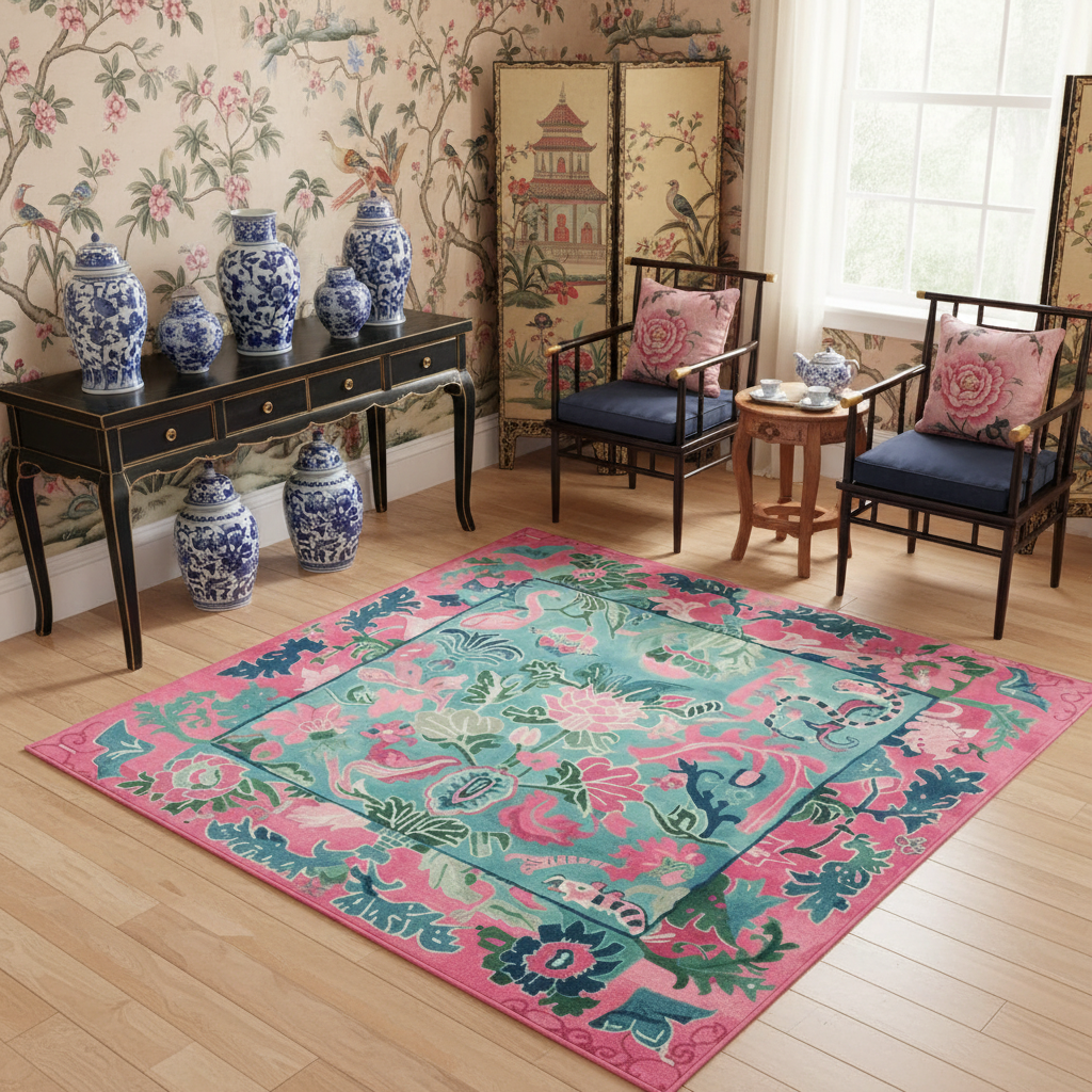 Living room with floral rug, chairs, and decorative vases.