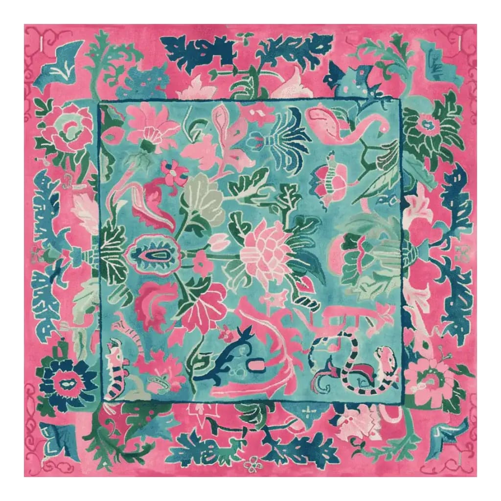 Botanic Romance Hand Tufted Rug, a vibrant square area rug perfect for the living room. Featuring a floral design with pink, blue, and teal hues, this wool rug adds a touch of elegance to large living spaces. Ideal for those seeking beautiful area rugs for living room decor.