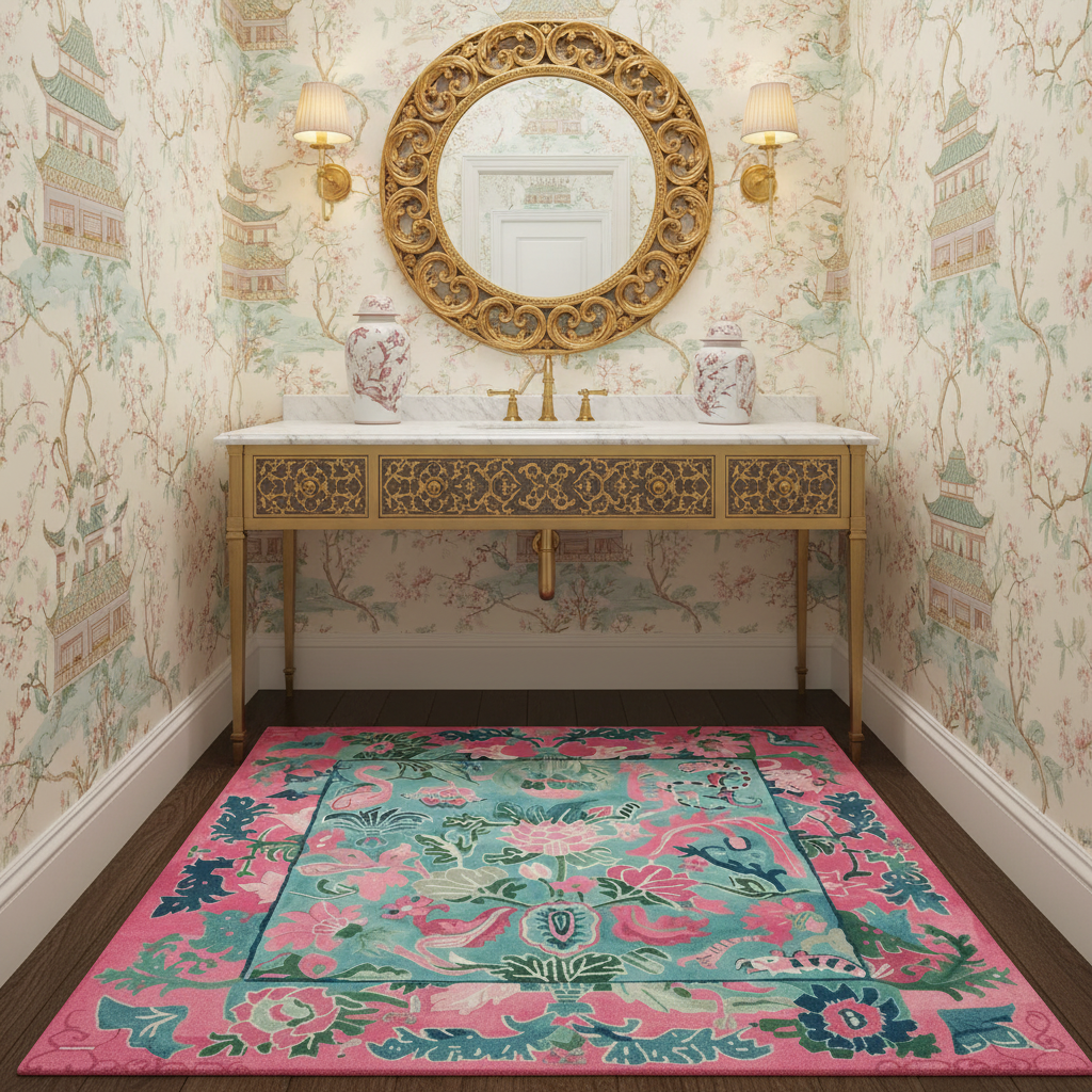 Decorative bathroom with ornate gold mirror, sink, and floral-patterned rug.