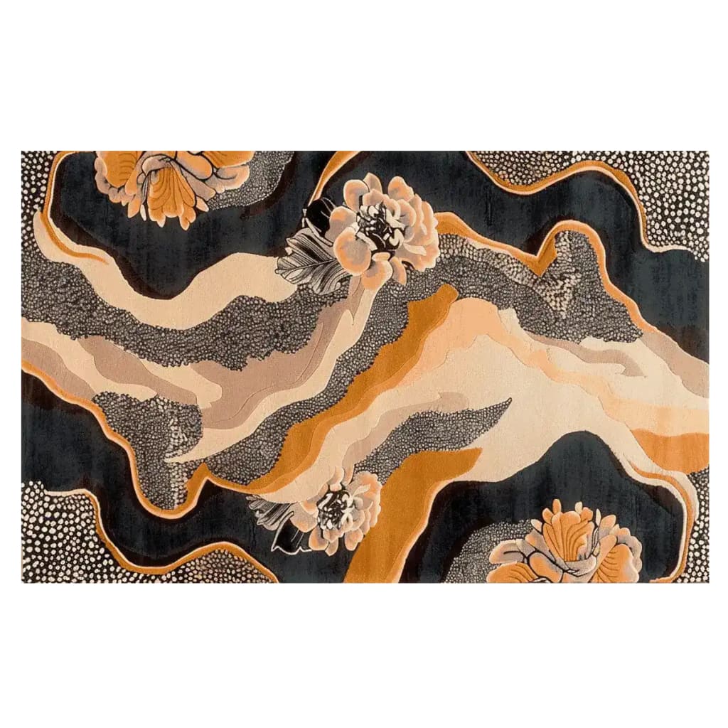 The Botanic Scroll Mirage Hand Tufted Rug is an exquisite area rug ideal for living rooms. This wool rug features a captivating abstract floral design with flowing patterns in warm earth tones, adding elegance and comfort to any space.