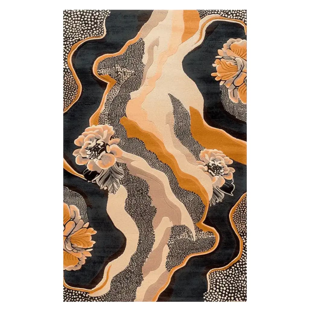 The Botanic Scroll Mirage Hand Tufted Rug showcases a stunning abstract floral design with earthy tones of orange, beige, and black. This luxurious wool area rug is perfect for adding a touch of elegance to living room spaces. Ideal for those seeking a floral rug that combines style and comfort in their living room area rugs selection.