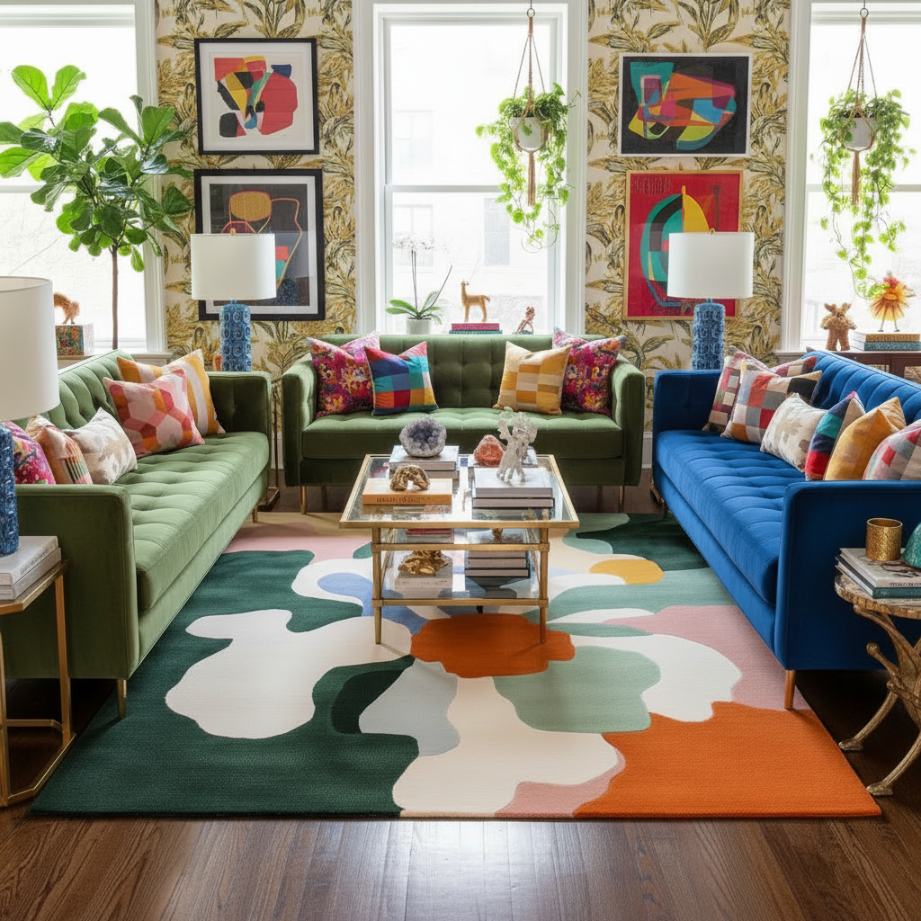 Colorful living room with an abstract floral wool rug, green, blue, and multicolored furniture.