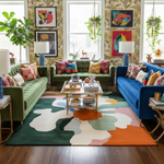 Colorful living room with an abstract floral wool rug, green, blue, and multicolored furniture.