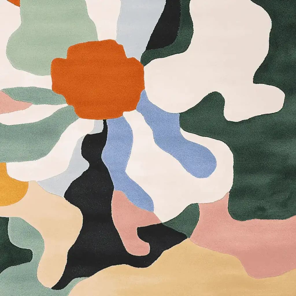 Vibrant and contemporary area rug with an abstract floral design, featuring bold colors like orange, green, blue, and white, perfect for adding a modern touch to living room spaces. This hand-tufted wool rug serves as a striking square area rug, ideal for those seeking unique rugs for their living room decor.