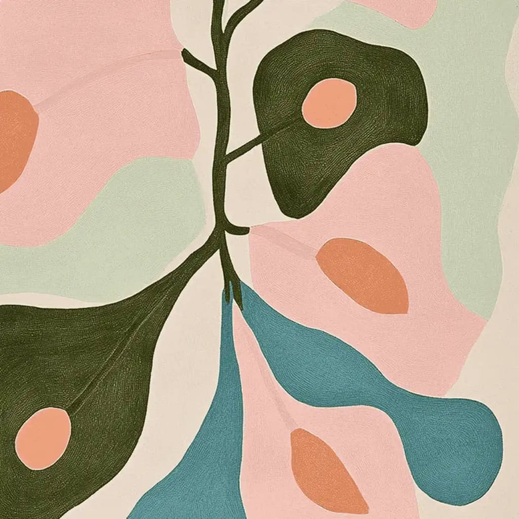 This vibrant hand-tufted wool area rug showcases an abstract botanical design with bold shapes and colors, perfect for enhancing large living room spaces. The contemporary pattern blends earthy greens, soft pinks, and rich blues, making it an ideal choice among rugs for living room settings.