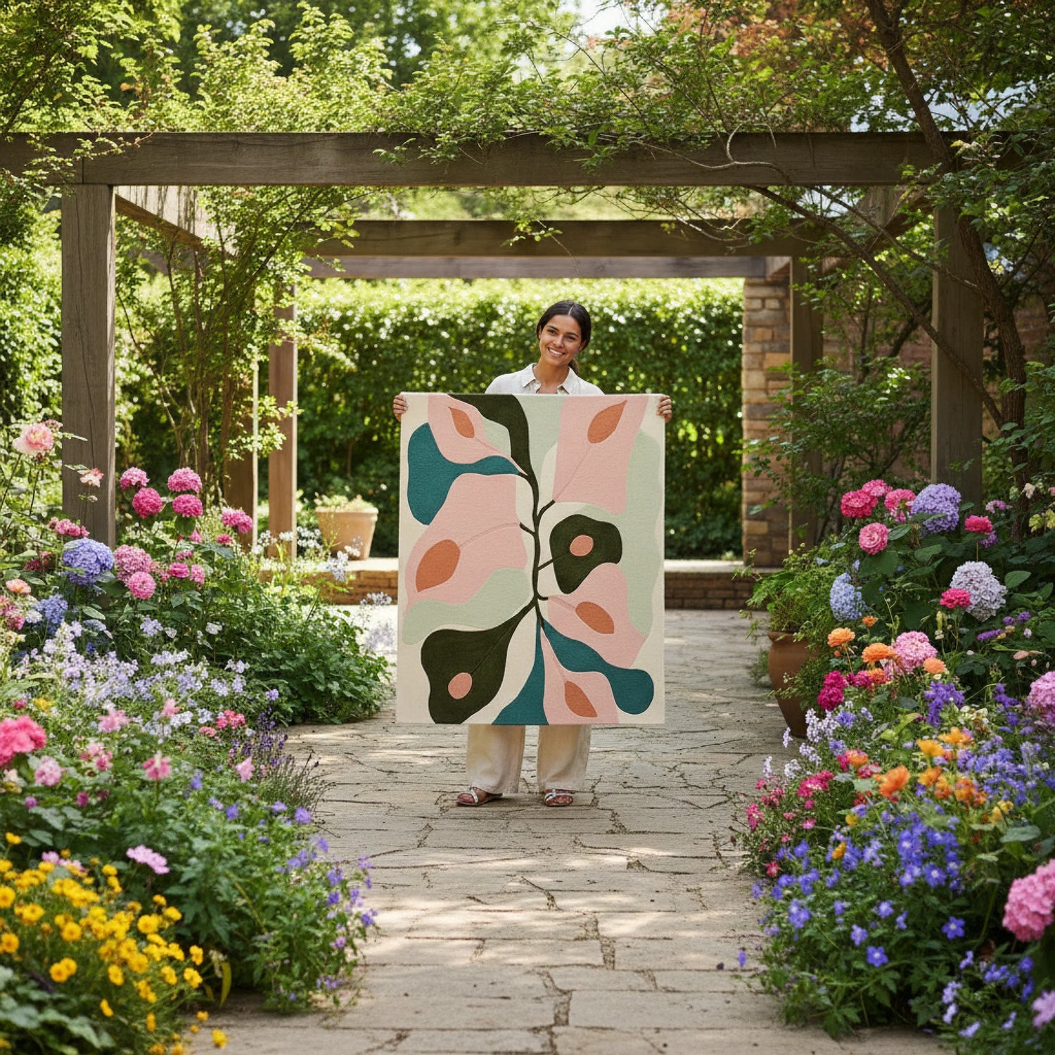 Person holding a colorful abstract rug in a garden setting