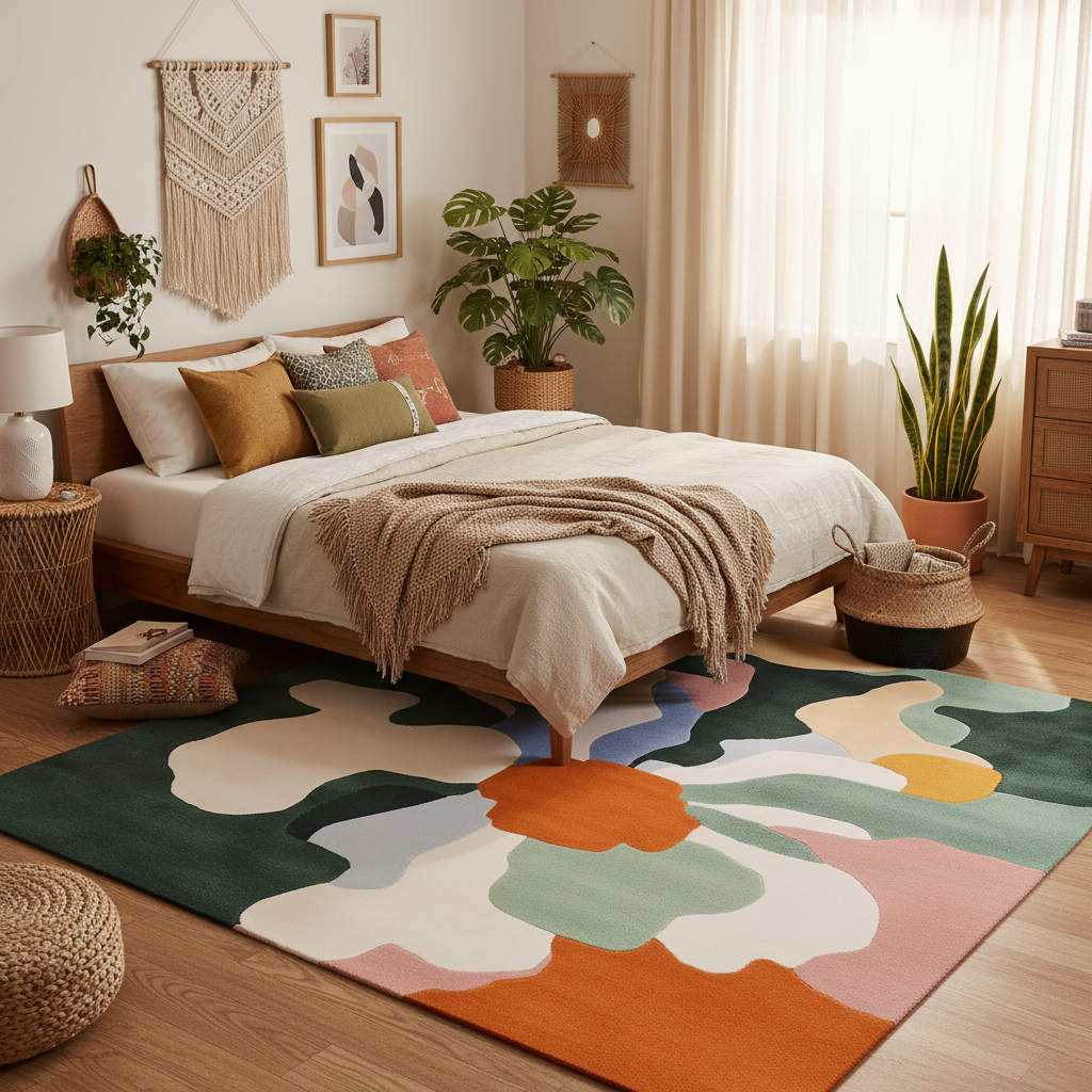 Cozy bedroom with a colorful rug, bed, and decorative elements.