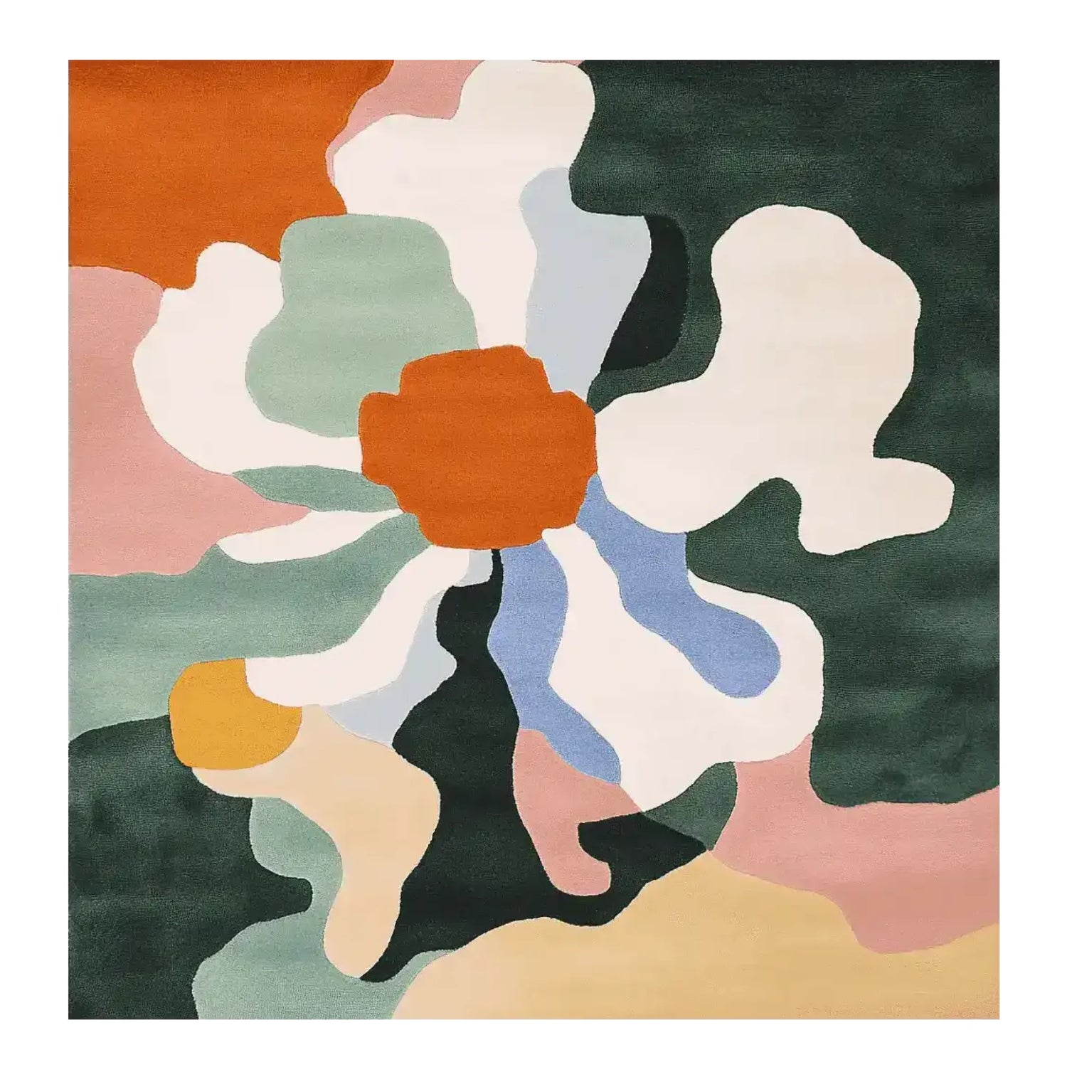 This hand-tufted wool area rug features a bold, abstract floral design with colors like orange, green, and blue, ideal for contemporary living rooms. Perfect as a square area rug, it adds a modern touch to any space, making it a standout piece among rugs for living room settings.
