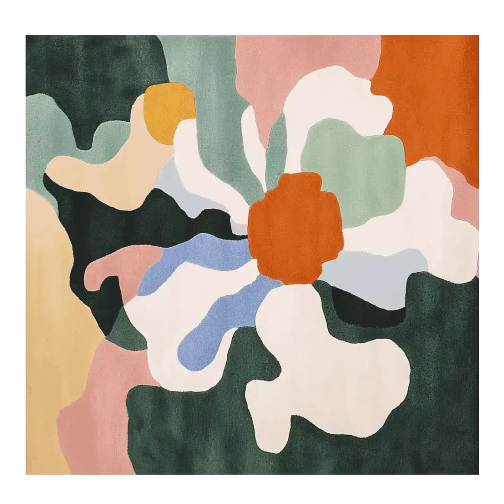 Stunning Botanic Shape Collapse Hand Tufted Area Rug with an abstract floral design. Perfect for adding a contemporary touch to your living room, this square wool rug features a vibrant mix of colors including green, orange, and pink. Ideal for those looking for unique and stylish living room area rugs.