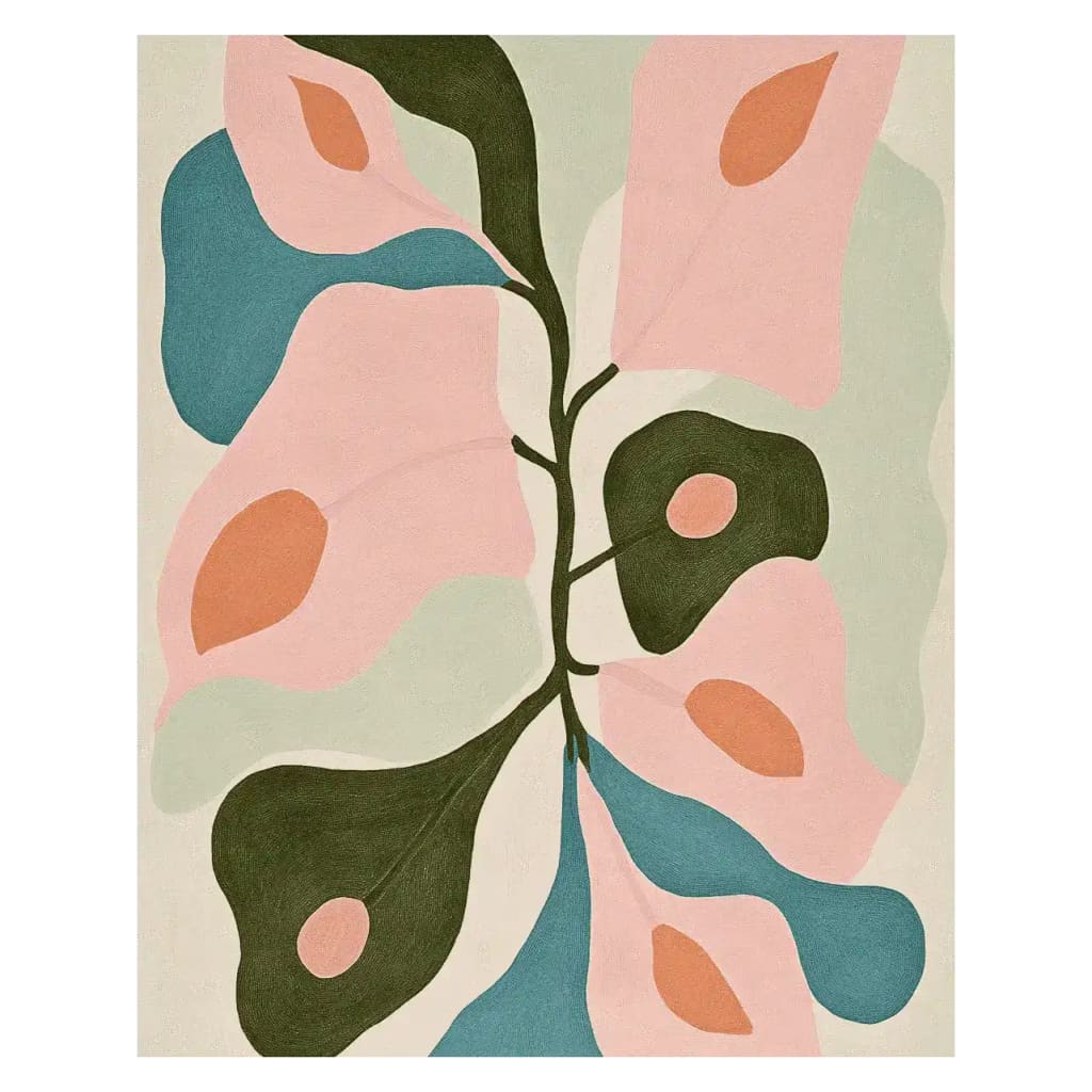 A contemporary hand-tufted wool area rug with an abstract botanical design in shades of pink, green, and blue. Perfect for large living rooms, this rug adds a modern touch and warmth to any living space.