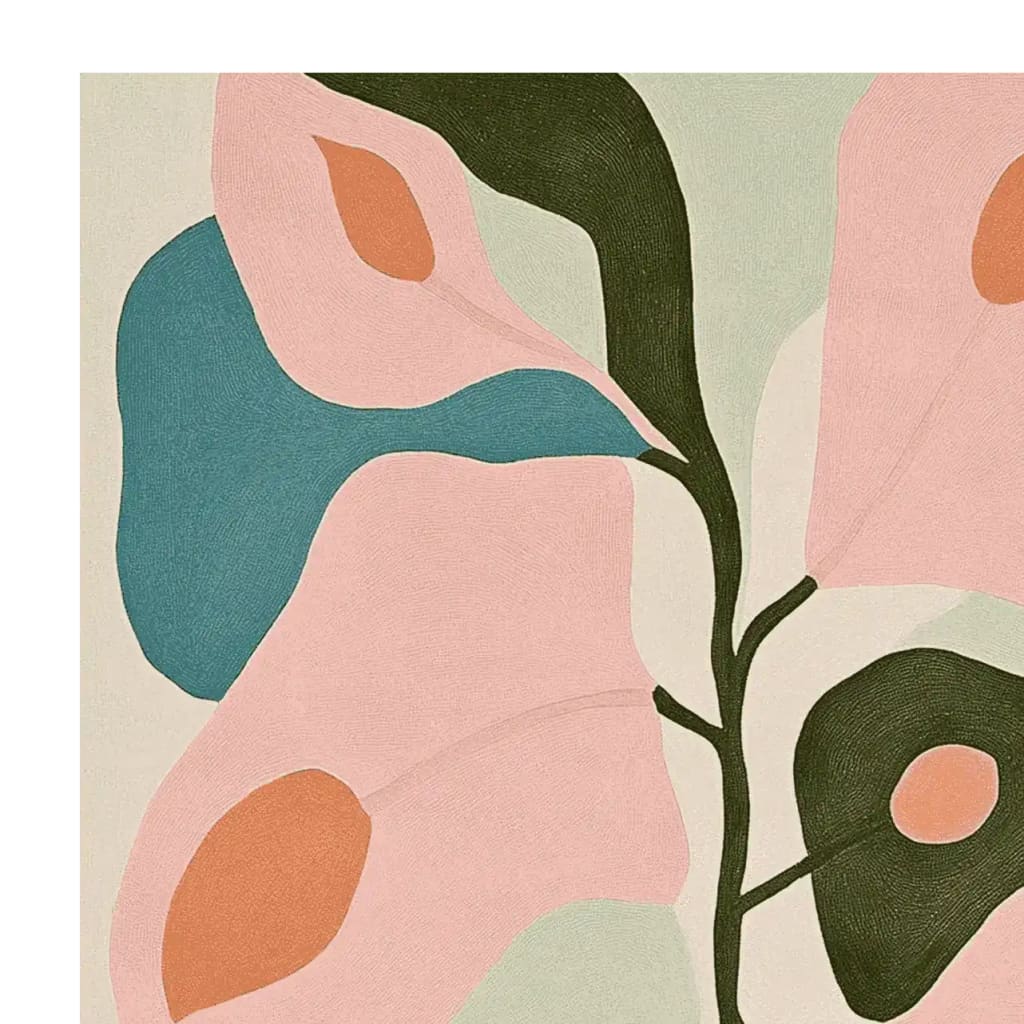 This contemporary area rug features a hand-tufted abstract botanical design in soft pastel colors including pink, green, and blue. Ideal for large living room spaces, this wool rug adds a touch of elegance and modern style to your home decor.