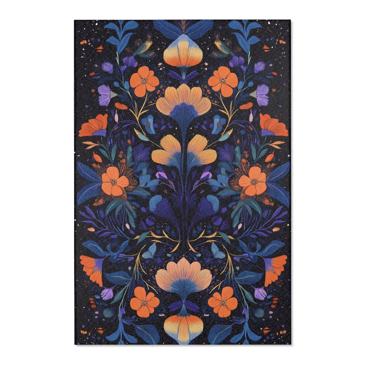 Botanical Bliss Floral Design Accent Rug full view on dark midnight blue with symmetrical orange flowers and golden indigo foliage