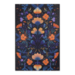 Botanical Bliss Floral Design Accent Rug full view on dark midnight blue with symmetrical orange flowers and golden indigo foliage
