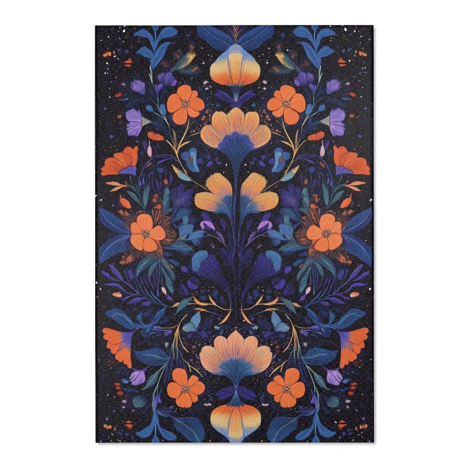 Botanical Bliss Floral Design Accent Rug full view on dark midnight blue with symmetrical orange flowers and golden indigo foliage