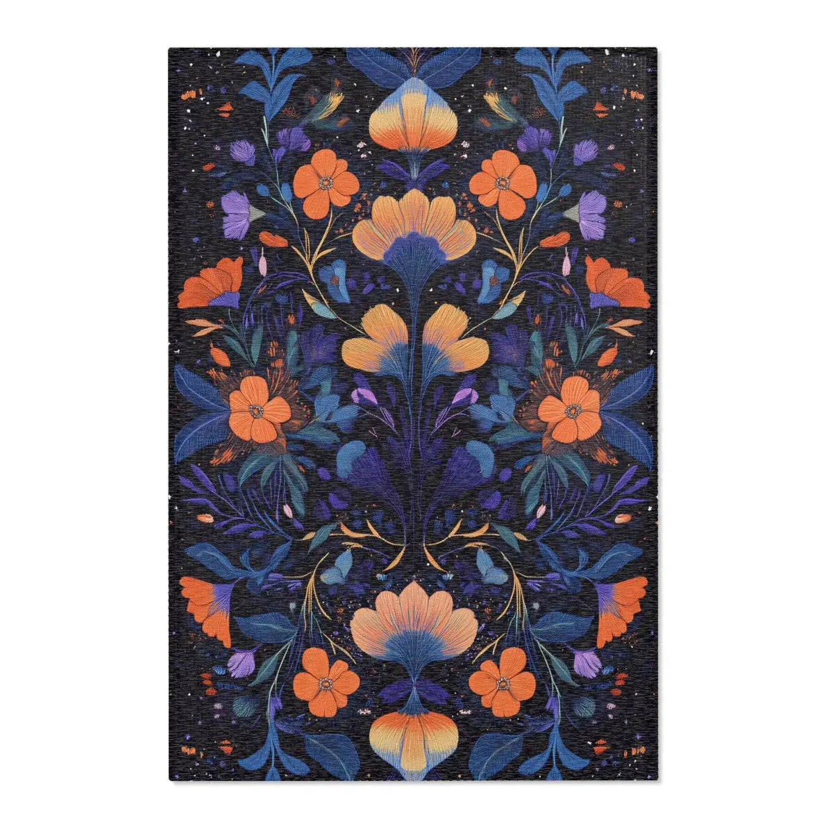 Botanical Bliss Floral Design Accent Rug flat lay with rich navy background, orange blooms, golden tulips and purple-blue botanical leaves