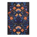 Botanical Bliss Floral Design Accent Rug flat lay with rich navy background, orange blooms, golden tulips and purple-blue botanical leaves
