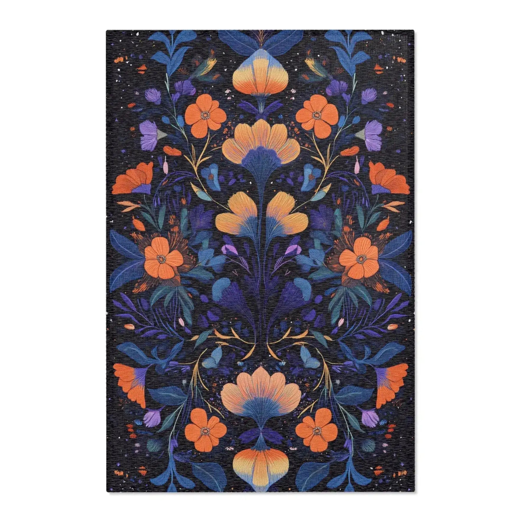 Botanical Bliss Floral Design Accent Rug flat lay with rich navy background, orange blooms, golden tulips and purple-blue botanical leaves
