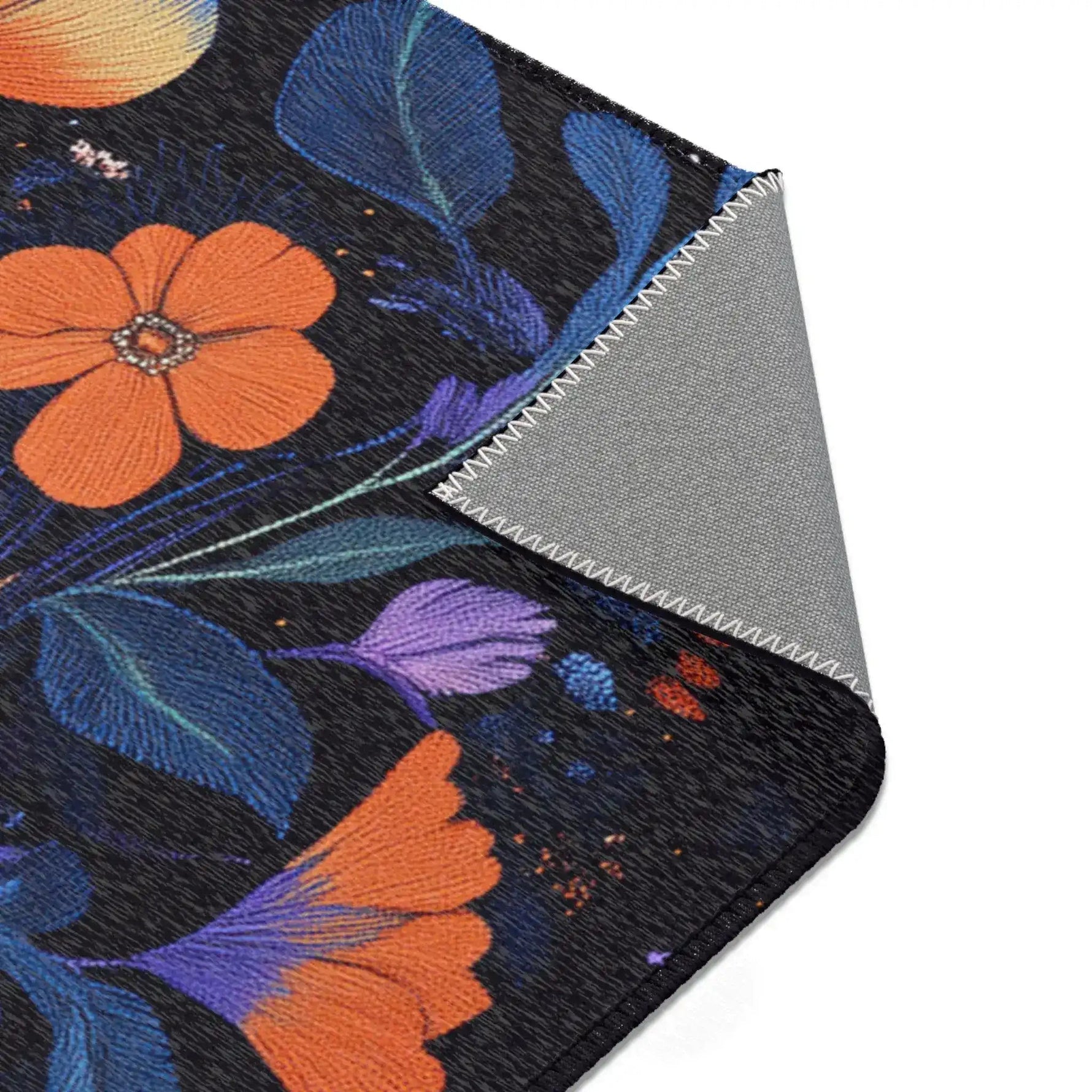 Botanical Bliss rug as wide flat runner featuring whimsical deer in colorful patchwork jacket with blue sunglasses and antlers