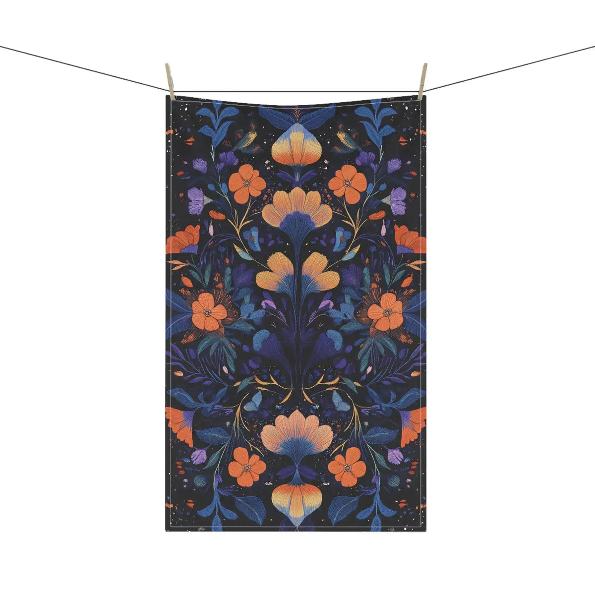 Botanical Bliss Floral Design Cotton Kitchen Towel flat lay, teal-green stylized cat illustration on blue-teal ground in garden setting