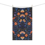 Botanical Bliss Floral Design Cotton Kitchen Towel flat lay, teal-green stylized cat illustration on blue-teal ground in garden setting