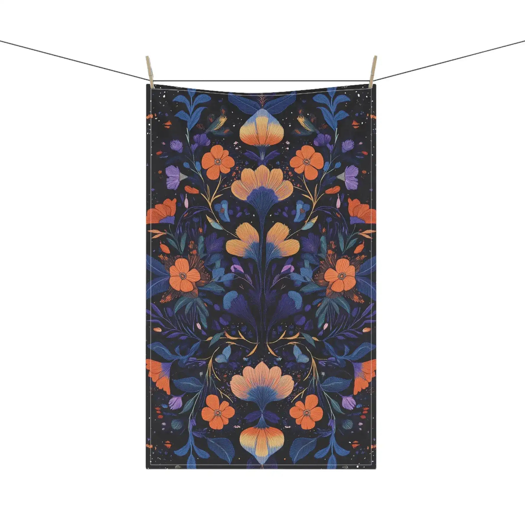 Botanical Bliss Floral Design Cotton Kitchen Towel flat lay, teal-green stylized cat illustration on blue-teal ground in garden setting