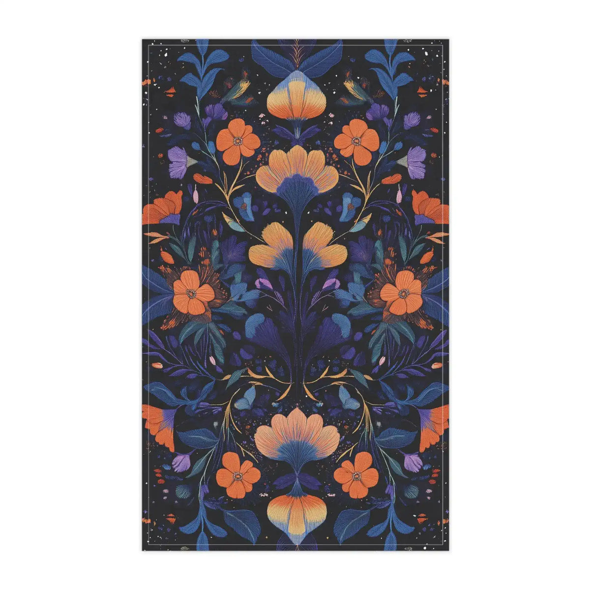 Botanical Bliss Floral Design Cotton Kitchen Towel flat lay, dark navy ground with mirrored orange and blue botanical florals and foliage