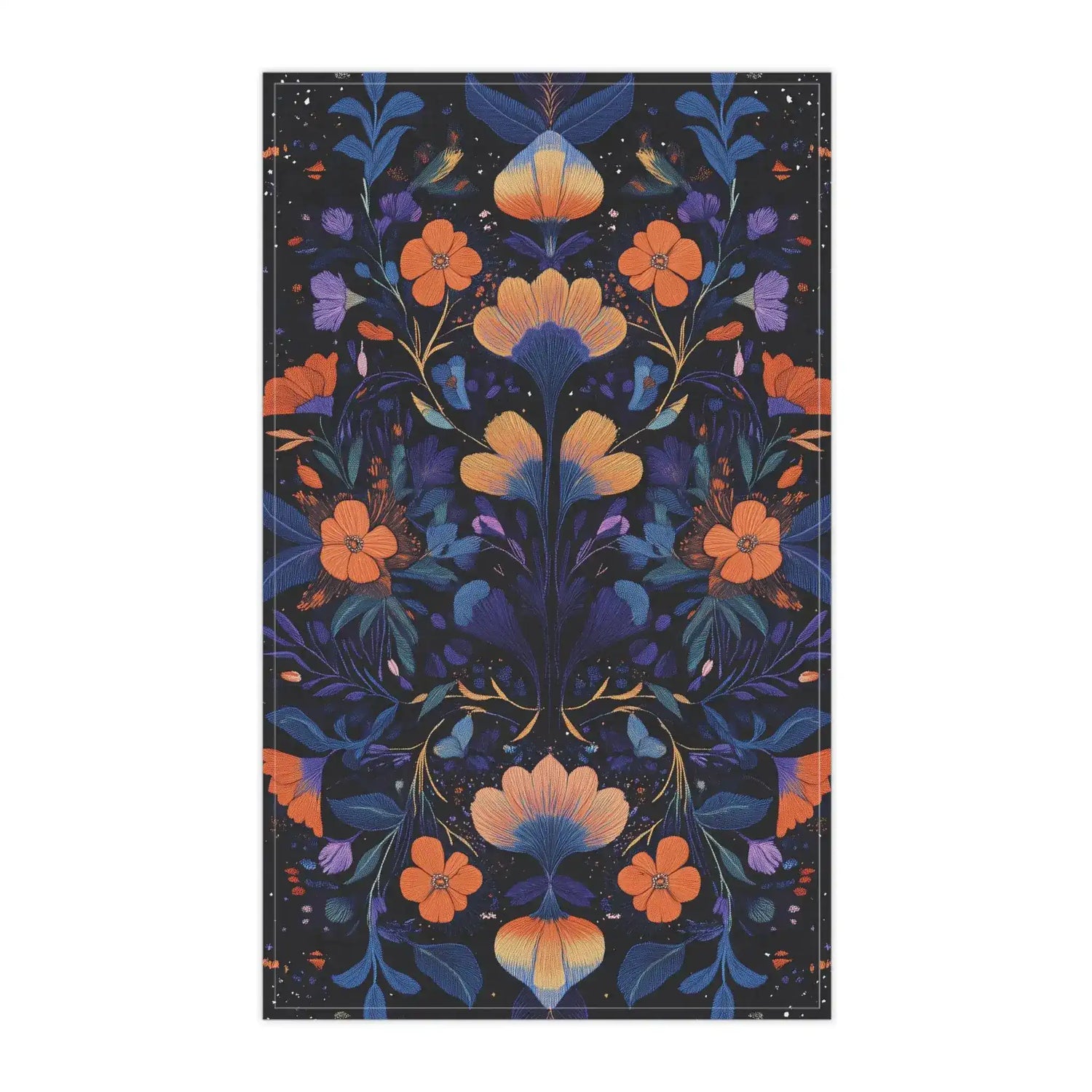 Botanical Bliss Floral Design Cotton Kitchen Towel flat lay, dark navy ground with mirrored orange and blue botanical florals and foliage
