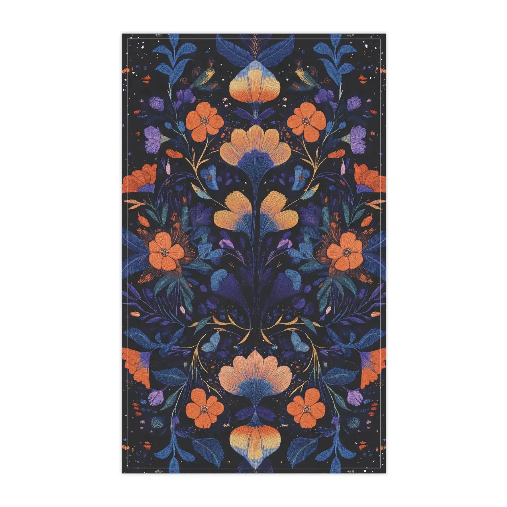 Botanical Bliss Floral Design Cotton Kitchen Towel flat lay, dark navy ground with mirrored orange and blue botanical florals and foliage