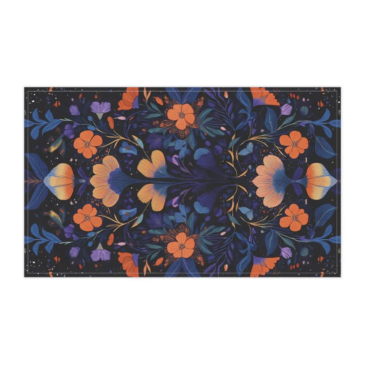 Botanical Bliss Floral Design Cotton Kitchen Towel landscape flat lay, dark navy symmetrical orange-blue botanical floral pattern full view